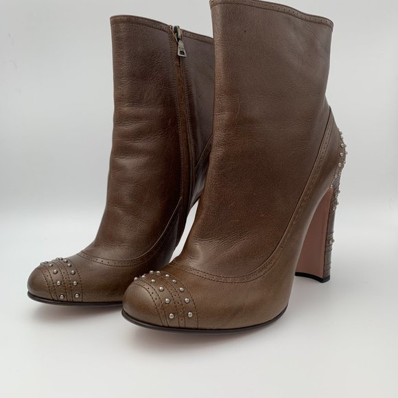 Prada Tamna Studded Ankle Boots Size 41 Hazelnut Brown NWT - Picture 3 of 7